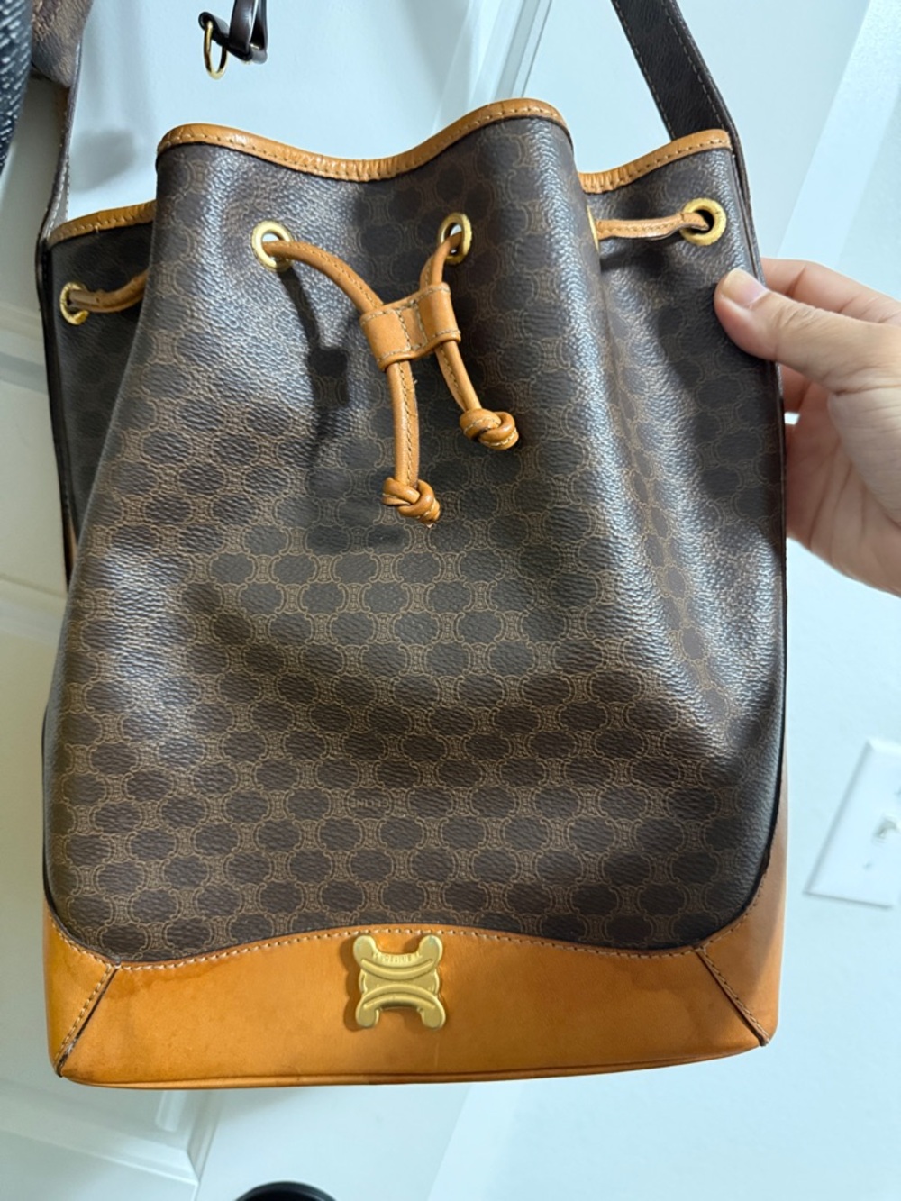 Celine Brown & Tan Monogram Drawstring Bucket Bag